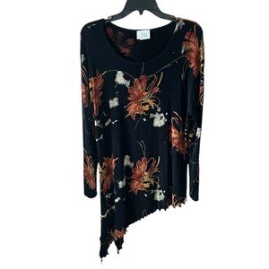 Vintage Jostar XL Slinky Knit Asymmetric Hem Black Brown Metallic Floral Blouse